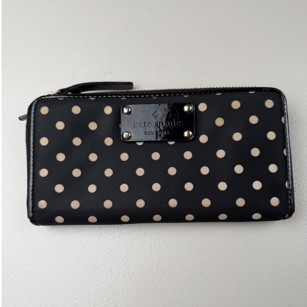 Kate Spade New York Black Polka Dot Nylon Zip Around Wallet Long Organizer